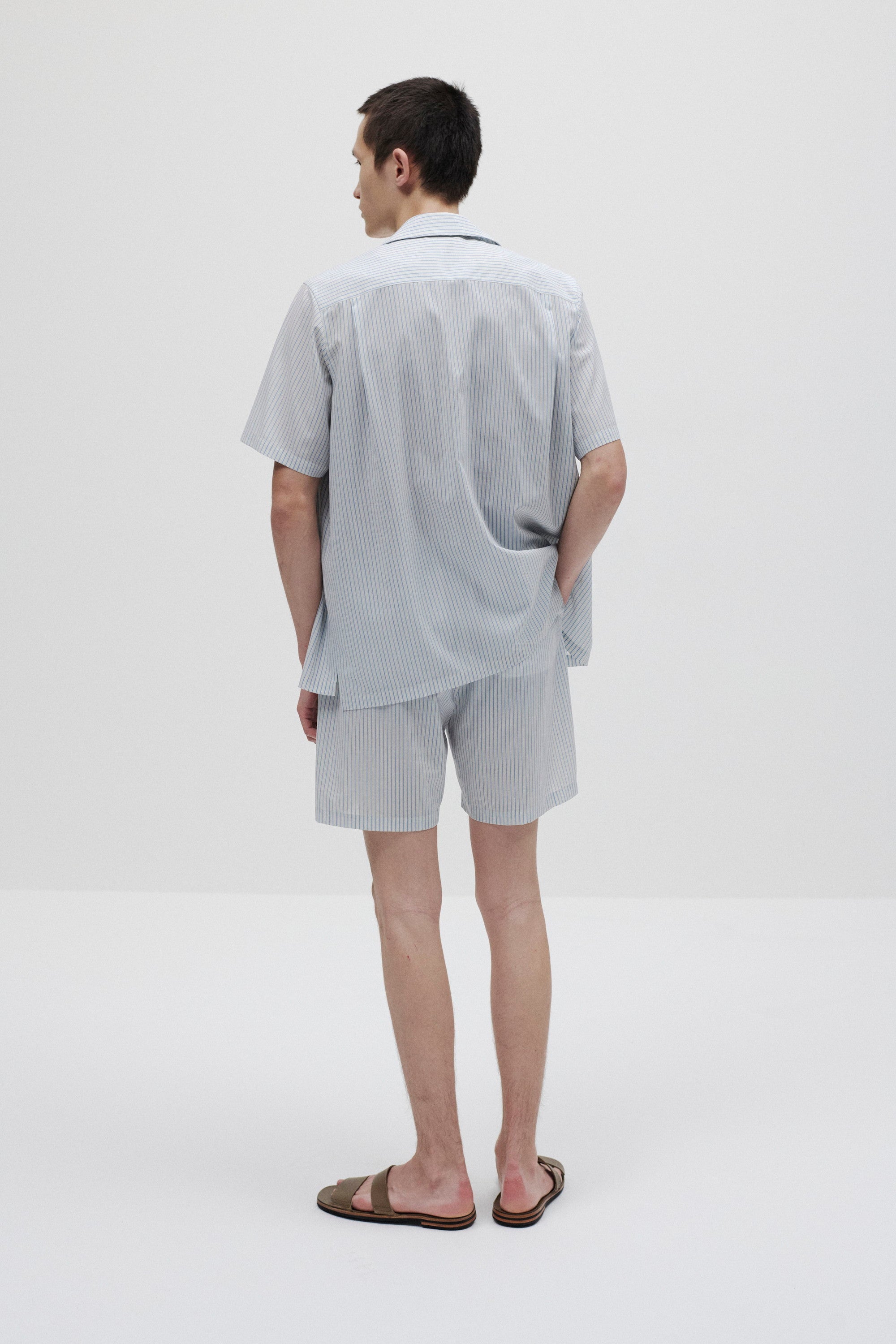 ウール/ポリエステル ストライプ オープンカラーS/S シャツ〔AS61-026〕